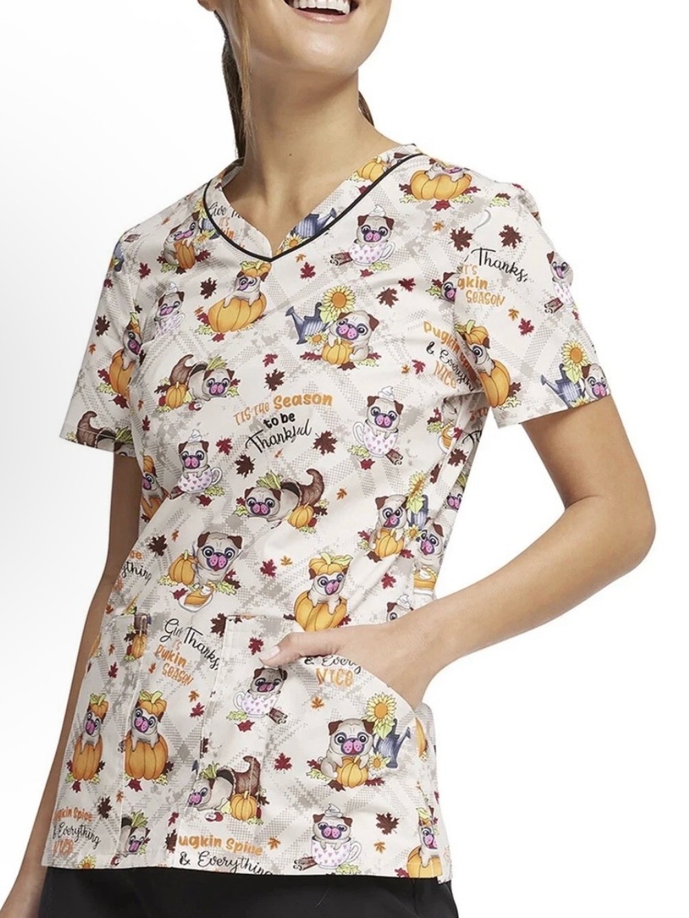 Cherokee “Pugkin Spice” Thanksgiving Pumpkin Women’s scrub top Large L Pugs